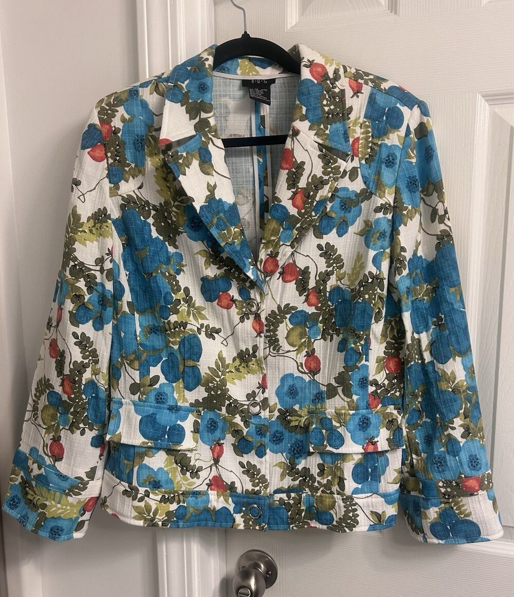 R.Q.T. Womens Blue Floral Print Cropped Open Front Jacket Blazer Size 14